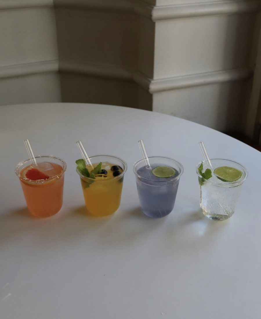 Vier hausgemachte Limonaden mit Grapefruit, Mango, Blaubeere und Limette